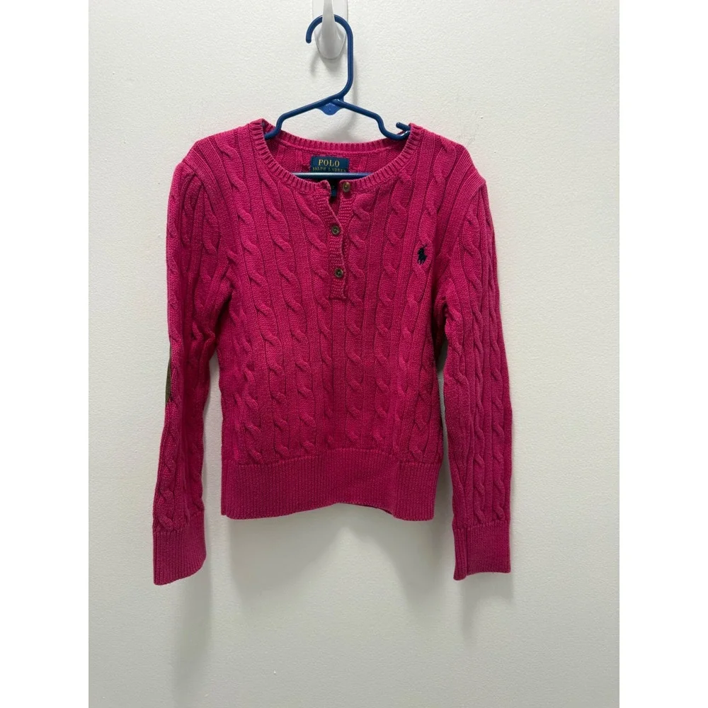 Polo Ralph Lauren Kids Pink Cable Knit Cotton Sweater Elbow Patches 6X